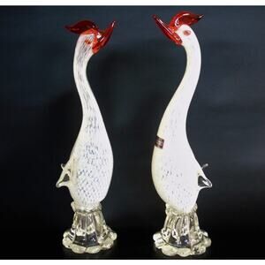 VTG (2) Murano GLASS BIRDS White Egret Hens Venetian Art Glass 15" Italy 1950s